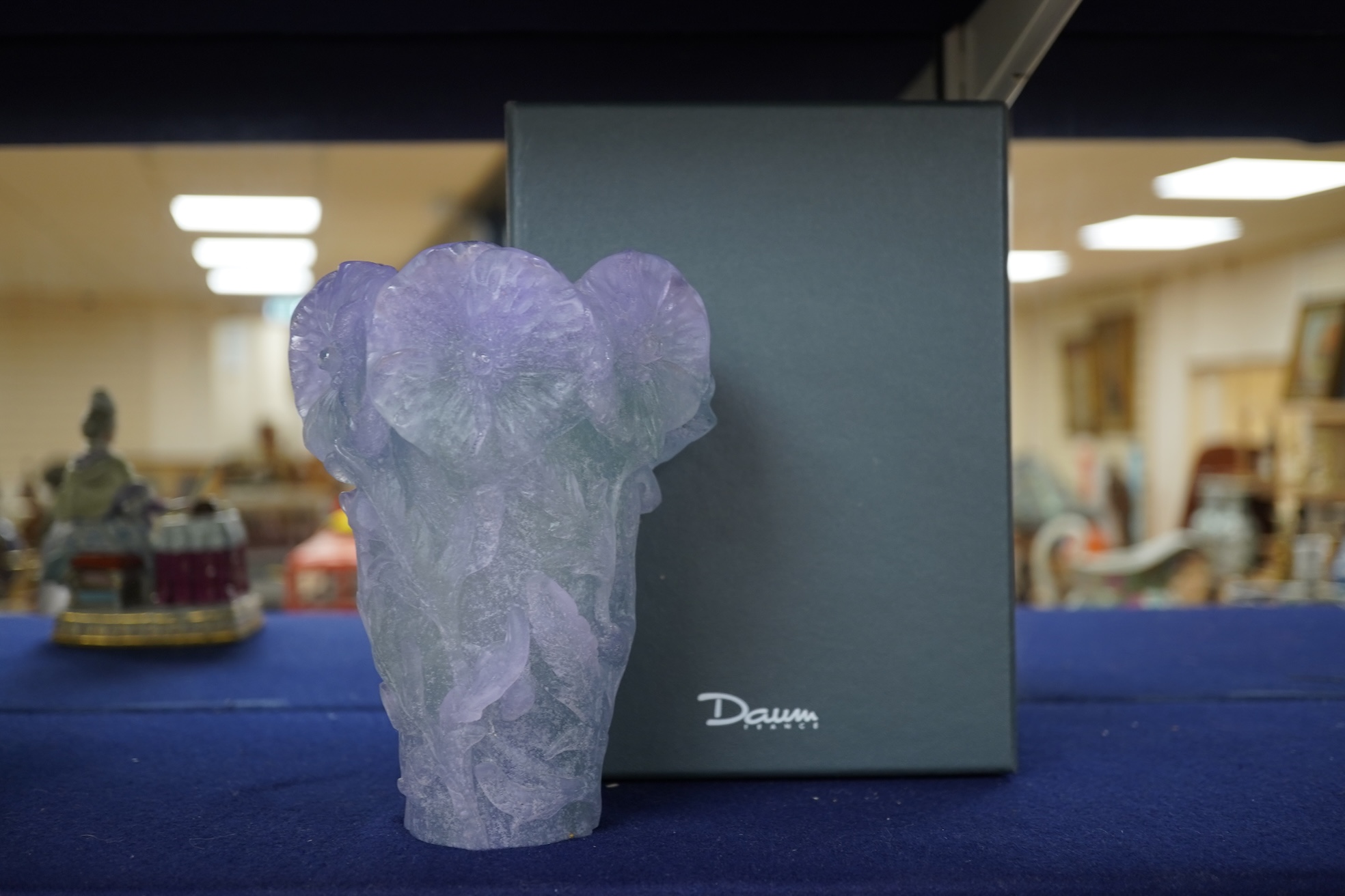 A modern Daum pate-de-verre Poppy lavender vase, boxed, 17cm high